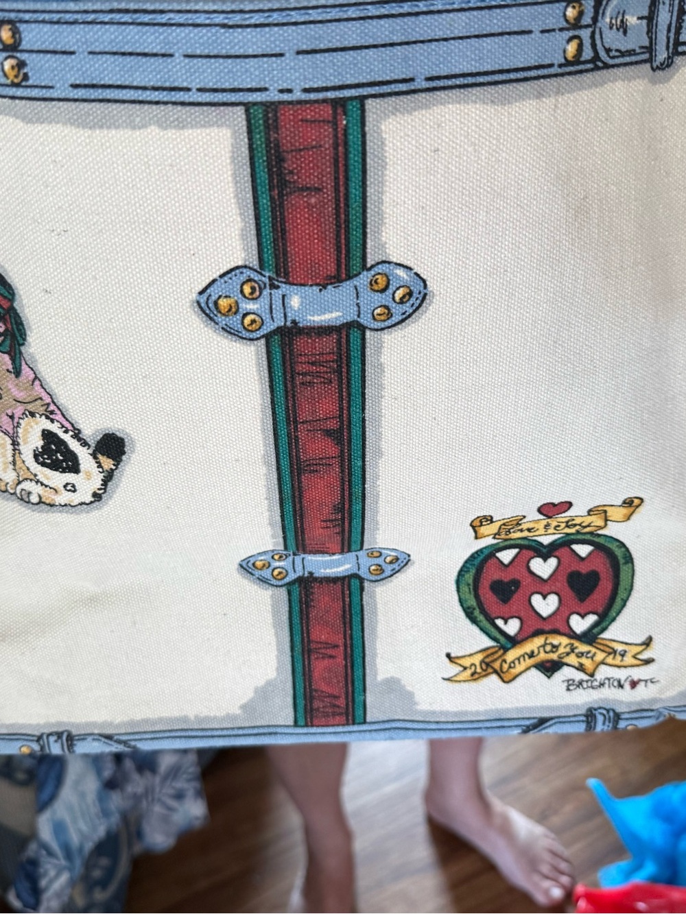 Brighton Canvas Tote with Blue Trim and Red-Green Stripe - Picture 2 of 4